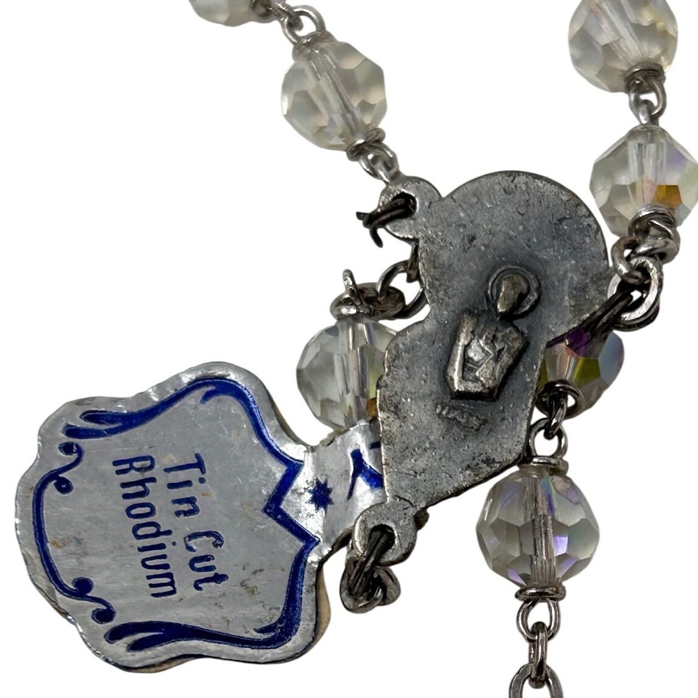 Vintage Italy Rosary Aurora Borealis Tin Cut Rhodium Crystal‎ Beads Madonna NWT - Picture 5 of 7